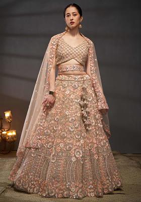 Peach Zari Embroidered Net Lehenga Set