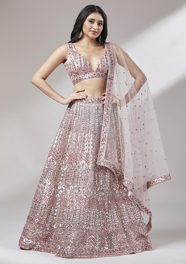 Rose Gold Sequin Bead Embroidered Net Lehenga Set