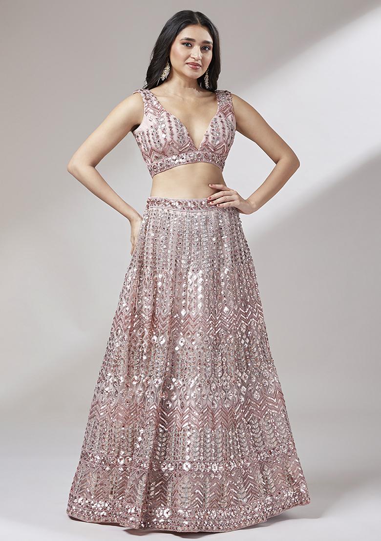 Rose Gold Sequin Bead Embroidered Net Lehenga Set