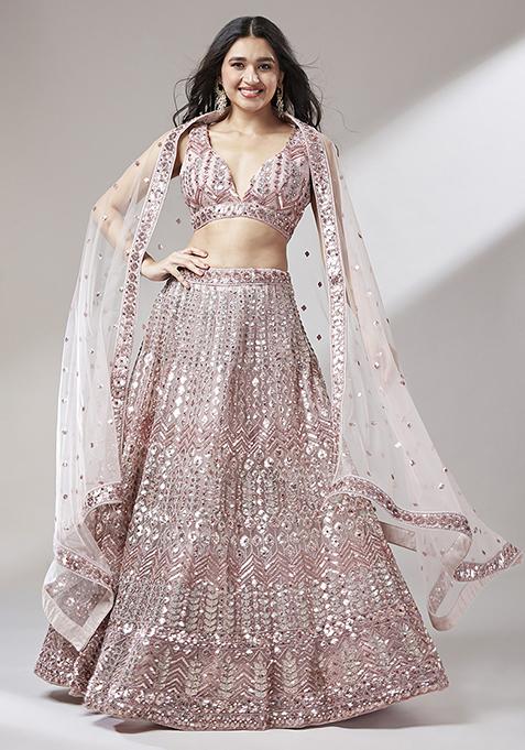 Rose Gold Sequin Bead Embroidered Net Lehenga Set