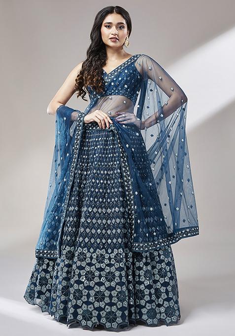 Navy Blue Sequin Embroidered Net Lehenga Set