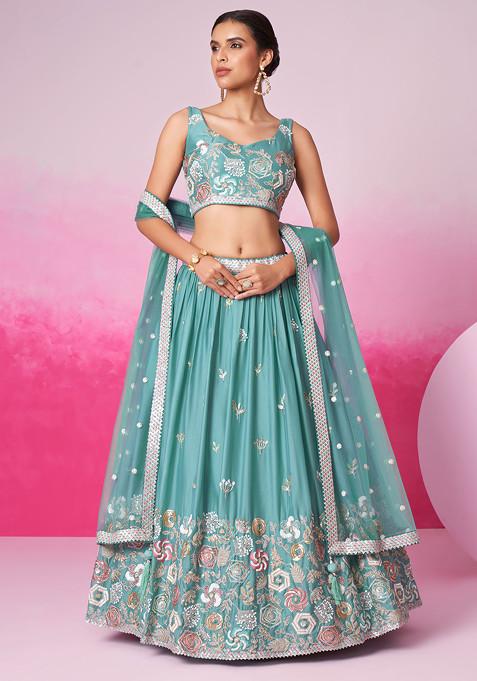 Turquoise Thread Embroidered Georgette Lehenga Set