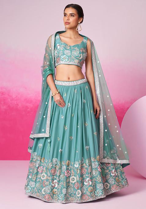 Buy Women Turquoise Thread Embroidered Georgette Lehenga Set - Lehenga ...