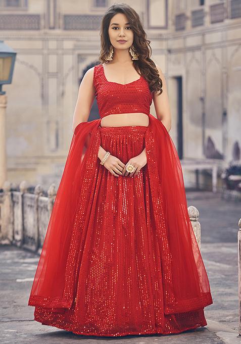 Red Sequin Poly Georgette Embroidered Lehenga Set