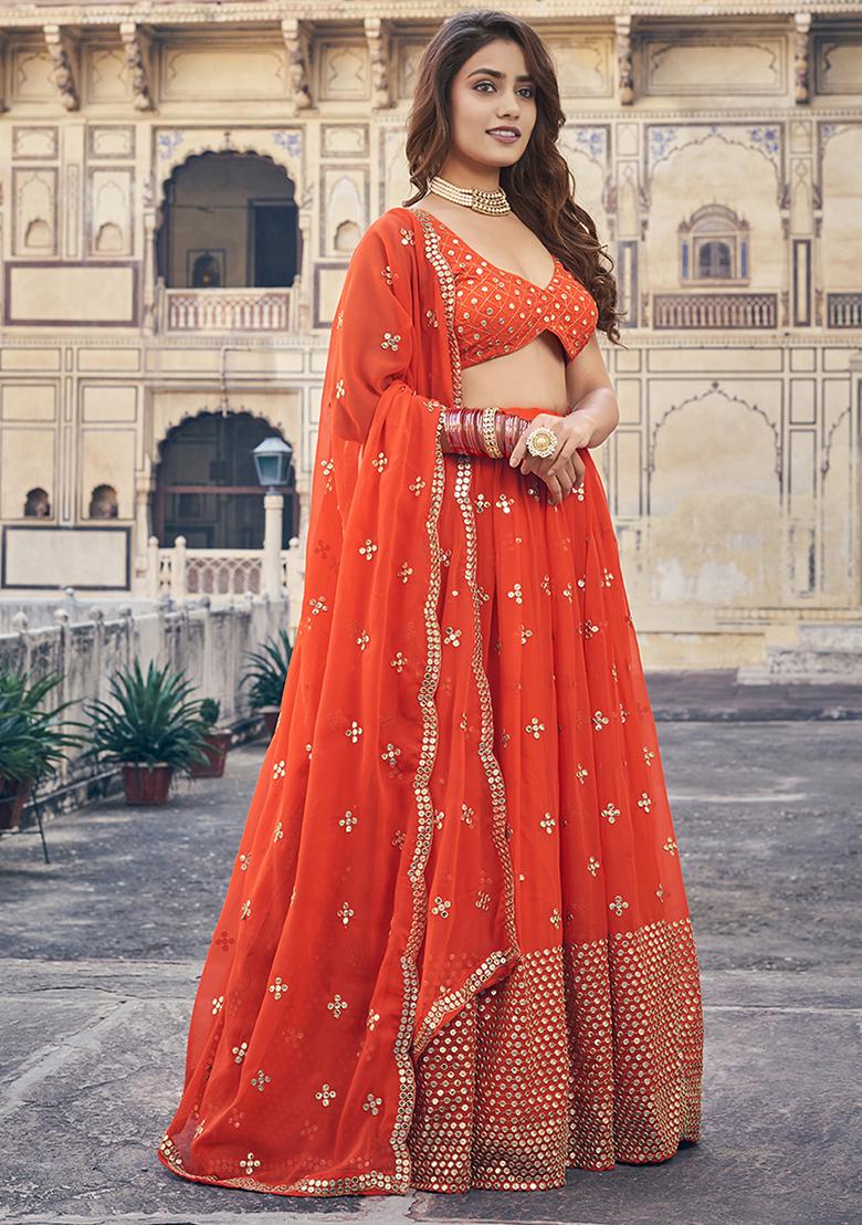 Orange Mirror Embroidered Georgette Lehenga Set