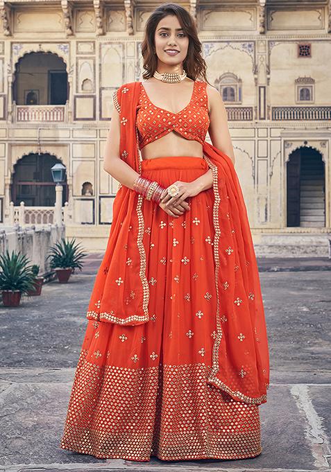 Orange Mirror Embroidered Georgette Lehenga Set