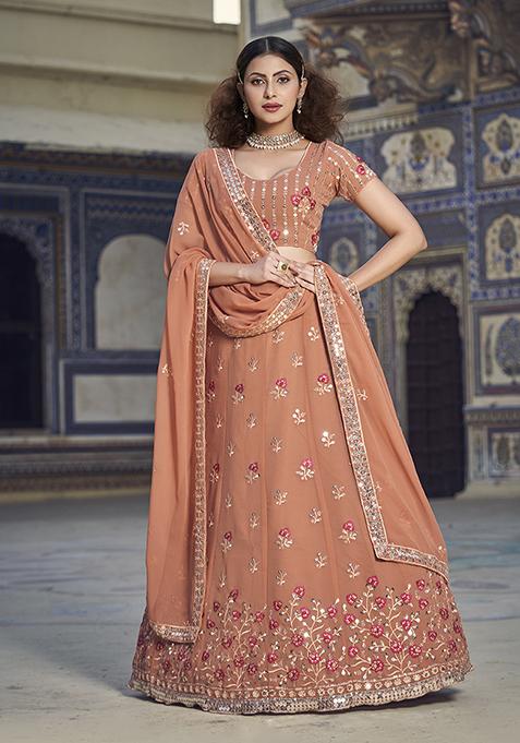 Rust Thread Embroidered Georgette Lehenga Set