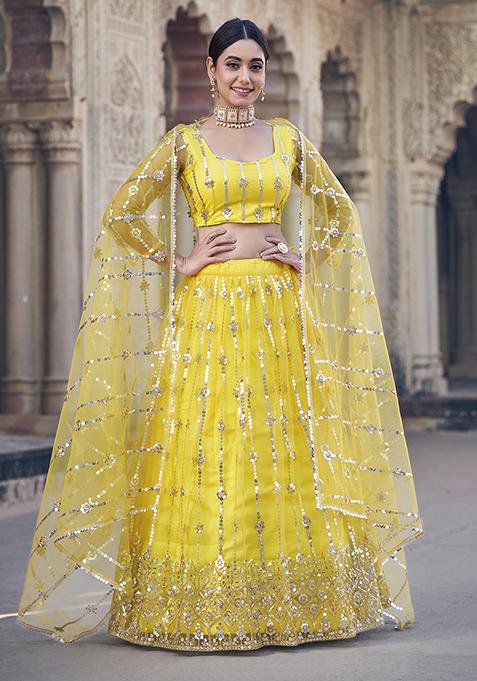 Yellow Sequin Thread Embroidered Lehenga Set