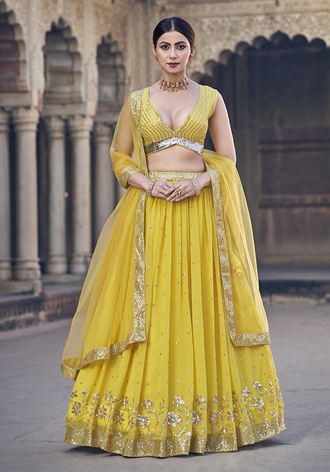 Yellow Sequin Poly Georgette Embroidered Lehenga Set