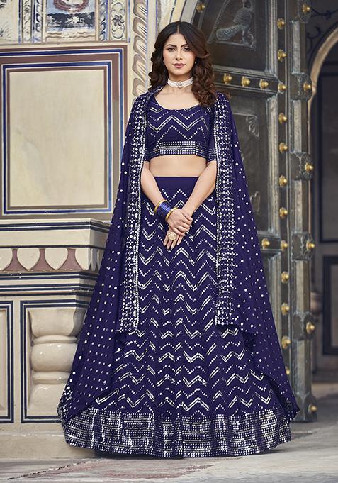 Navy Blue Sequin Thread Embroidered Georgette Lehenga Set