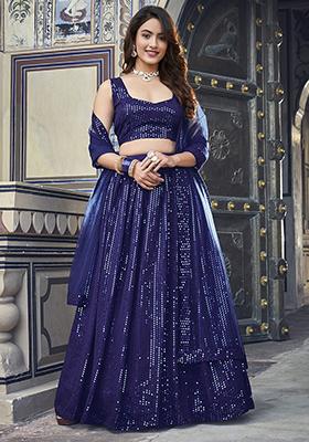 Navy Blue Mirror Embroidered Georgette Lehenga Set