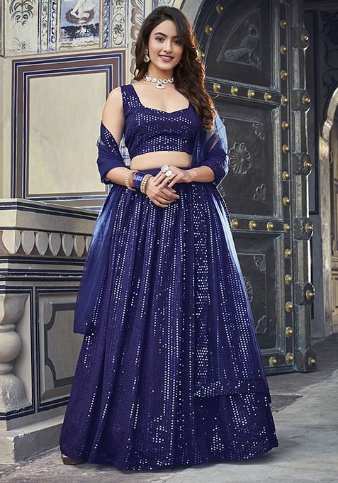 Navy Blue Mirror Embroidered Georgette Lehenga Set