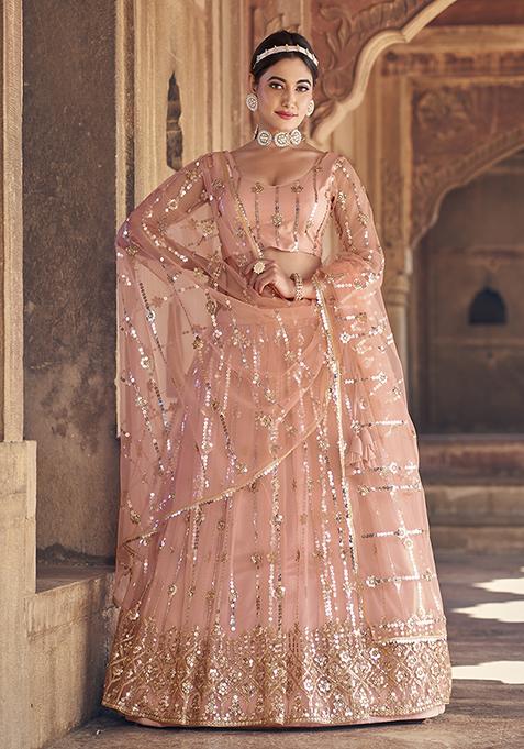 Peach Sequin Thread Embroidered Lehenga Set