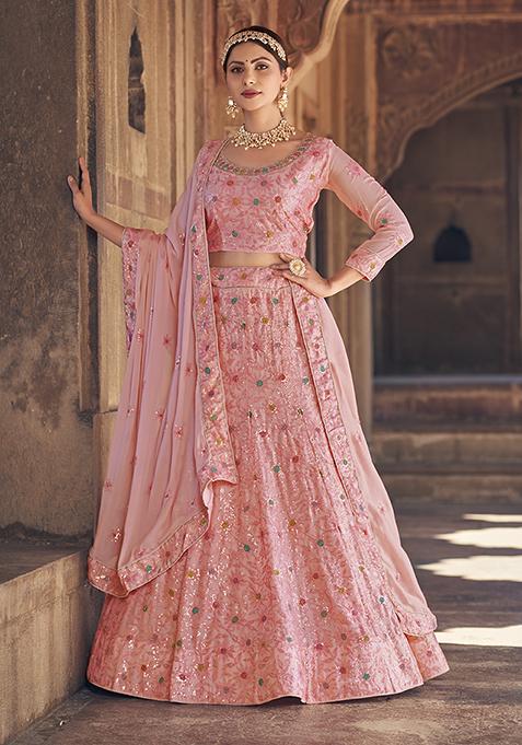 Light Pink Thread Embroidered Georgette Lehenga Set 