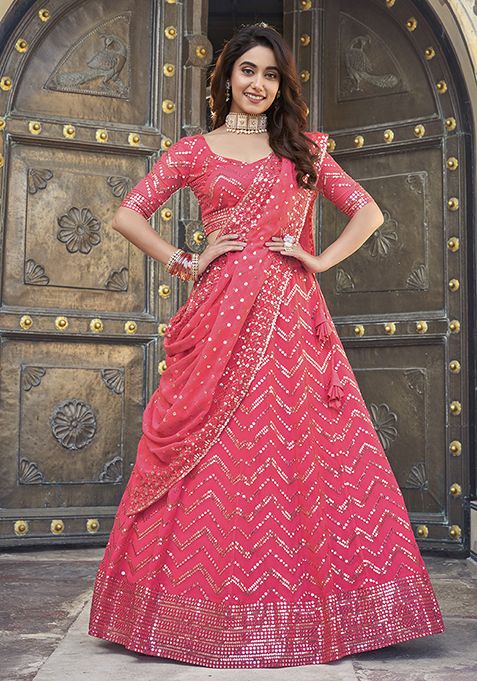 Pink Thread Embroidered Georgette Lehenga Set 