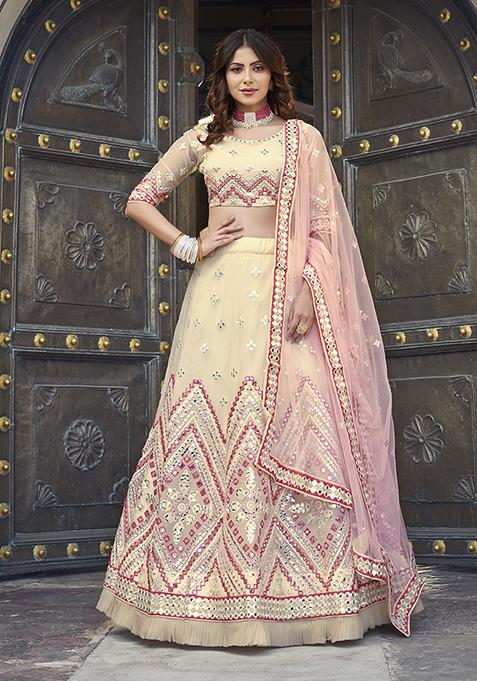 Light Yellow Foil Mirror Embroidered Lehenga Set