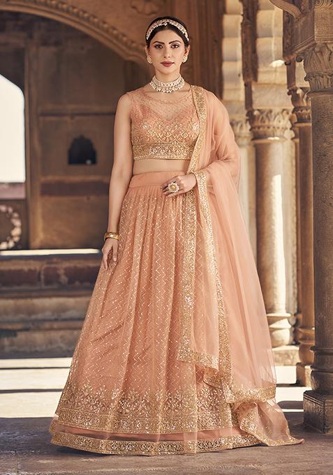 Rust Sequin Embroidered Georgette Lehenga Set