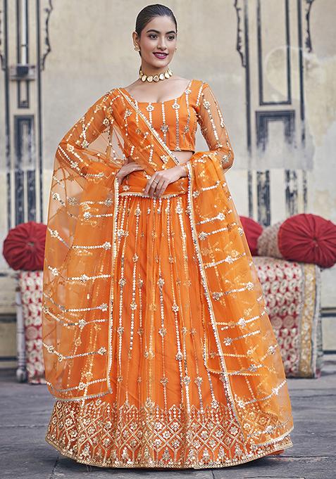 Orange Sequin Thread Embroidered Lehenga Set