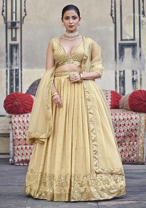 Golden Sequin Thread Embroidered Georgette Lehenga Set