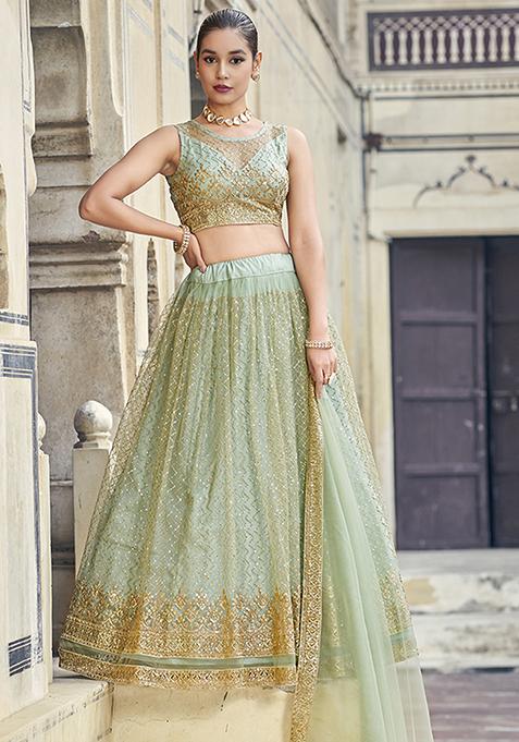 Sea Green Sequin Thread Embroidered Lehenga Set