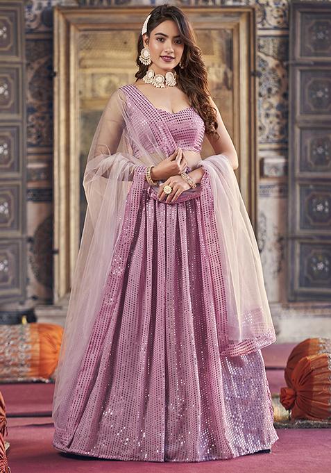 Purple Sequin Hand Embroidered Georgette Lehenga Set