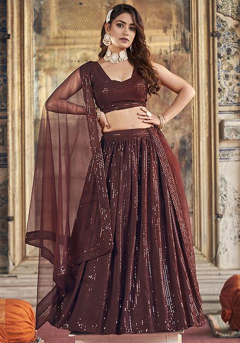 Brown Sequin Hand Embroidered Georgette Lehenga Set