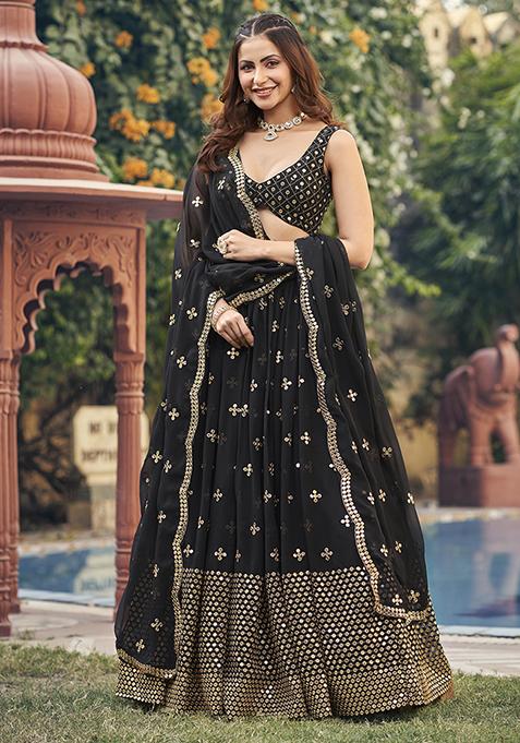 Black Embroidered Georgette Lehenga Set