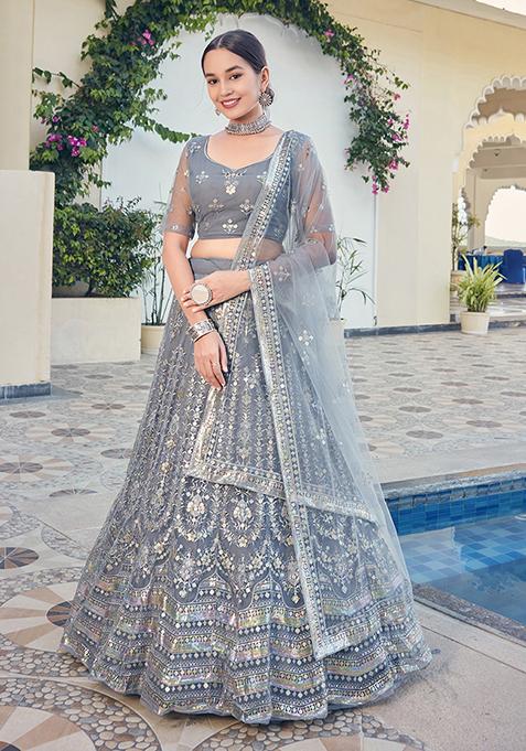 Grey Sequin Zari Embroidered Lehenga Set