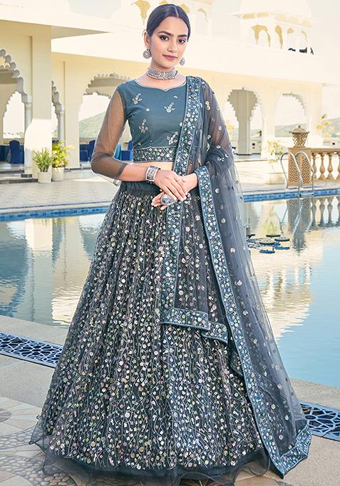 Grey Embroidered Net Lehenga Set