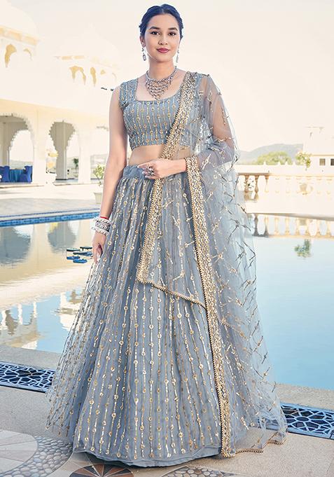 Grey Sequin Embroidered Net Lehenga Set