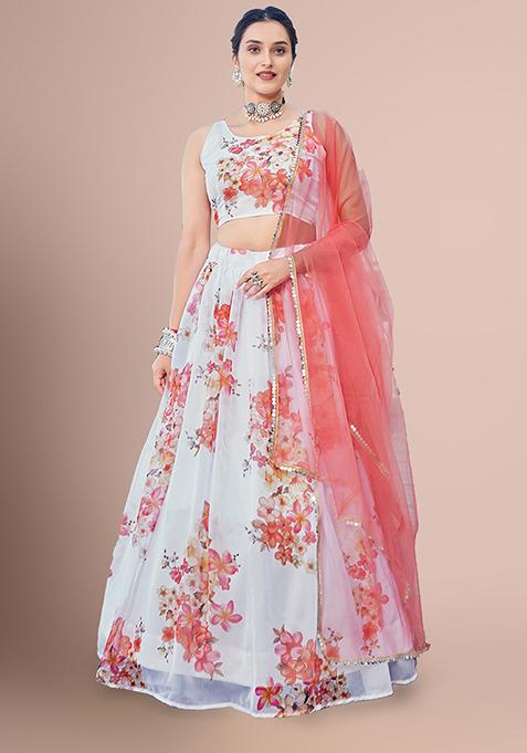 White Floral Print Sequin Embroidered Silk Lehenga Set