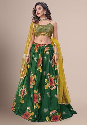 Green And Yellow Floral Embellished Lehenga Set
