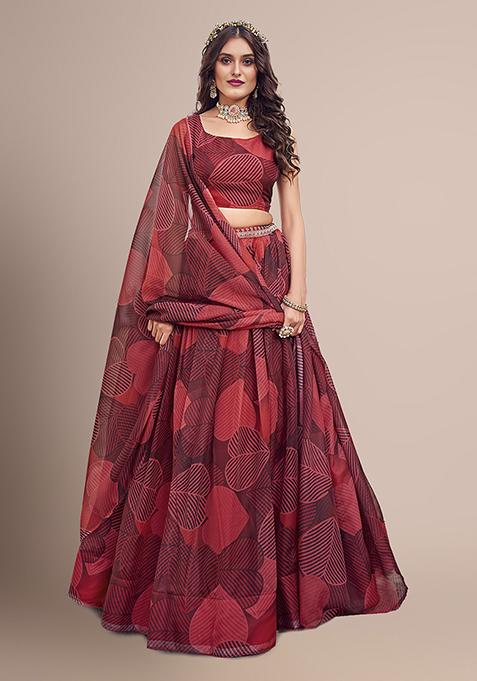 Burgundy Floral Print Embellished Lehenga Set