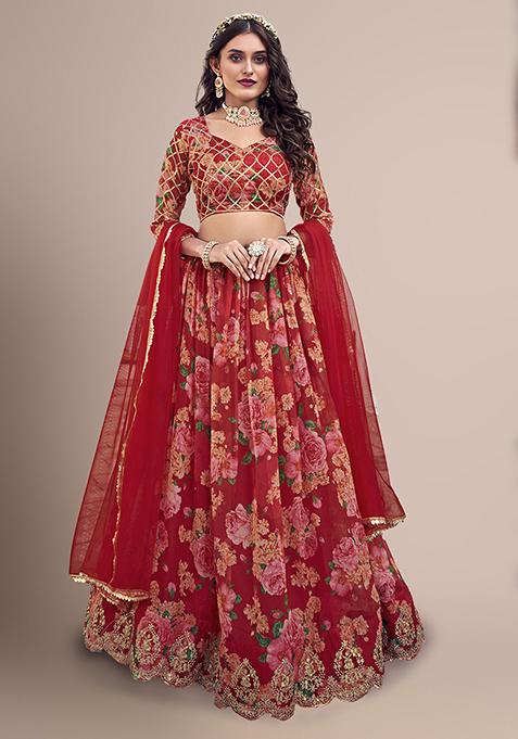 Red Floral Embellished Lehenga Set