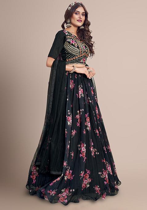 Black Floral Sequin Embellished Lehenga Set