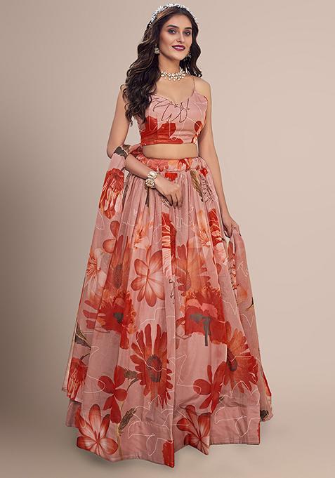 Peach Floral Embellished Lehenga Set