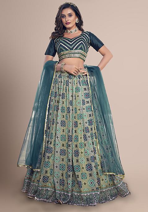 Teal Floral Embellished Lehenga Set