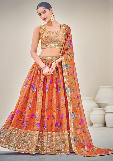 Tangerine Orange Floral Embroidered Lehenga Set