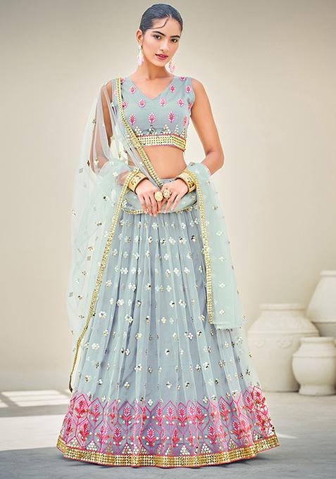 Sage Grey Sequin Embroidered Lehenga Set