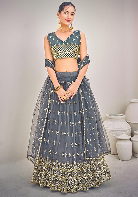 Grey Sequin Embellished Net Lehenga Set