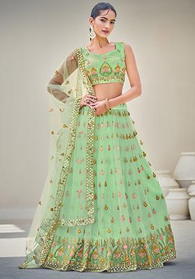 Lime Green Sequin Embroidered Net Lehenga Set
