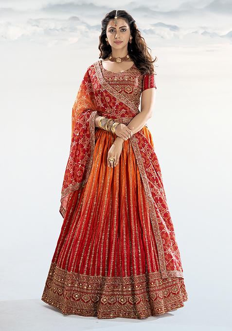 Reddish Orange Sequin Embroidered Georgette Lehenga Set