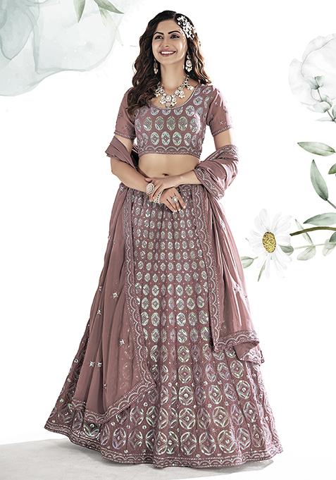 Copper Peach Sequin Embroidered Georgette Lehenga Set