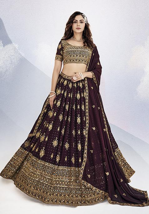 Wine Purple Sequin Embroidered Georgette Lehenga Set