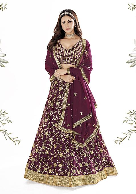 Wine Purple Embroidered Georgette Lehenga Set