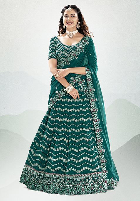 Emerald Green Embroidered Georgette Lehenga Set