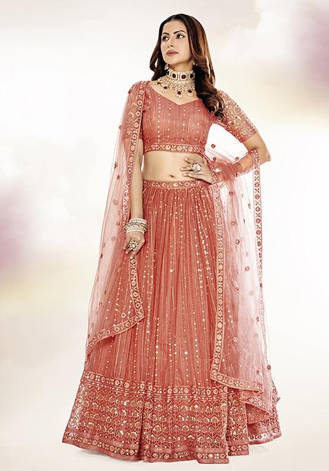 Salmon Pink Embroidered Lehenga Set