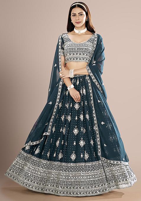 Teal Blue Sequin Embroidered Lehenga Set