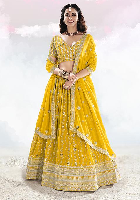 Yellow Zari Mirror Embroidered Poly Georgette Lehenga Set