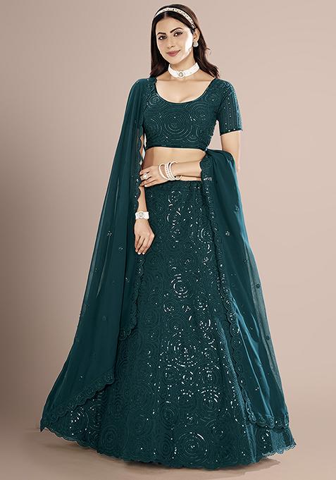 Dark Teal Sequin Embroidered Poly Georgette Lehenga Set